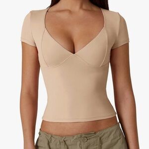 V Neck Short Sleeve T Shirts Double Lined Tee Seamed Cup Going Out Tops